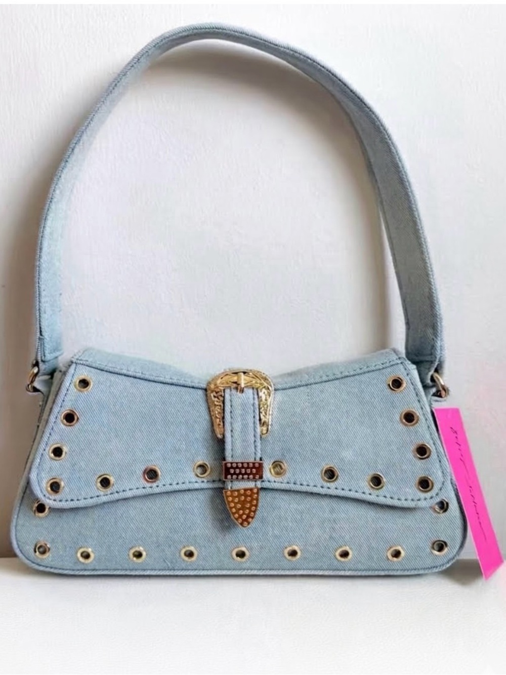 NWT Betsey Johnson Y2K Light Blue Denim Shoulder Bag with Gold Buckle